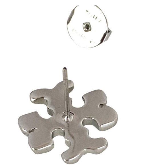 NEW Roxanne Silvertone Resin & Crystal T-Logo Stud Earrings - Picture 3 of 5